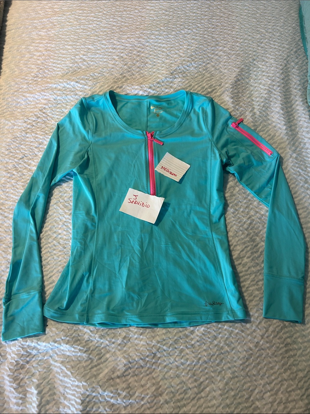Lilly Pulitzer Teal Long-Sleeve Luxletic Top with Pink Zipper